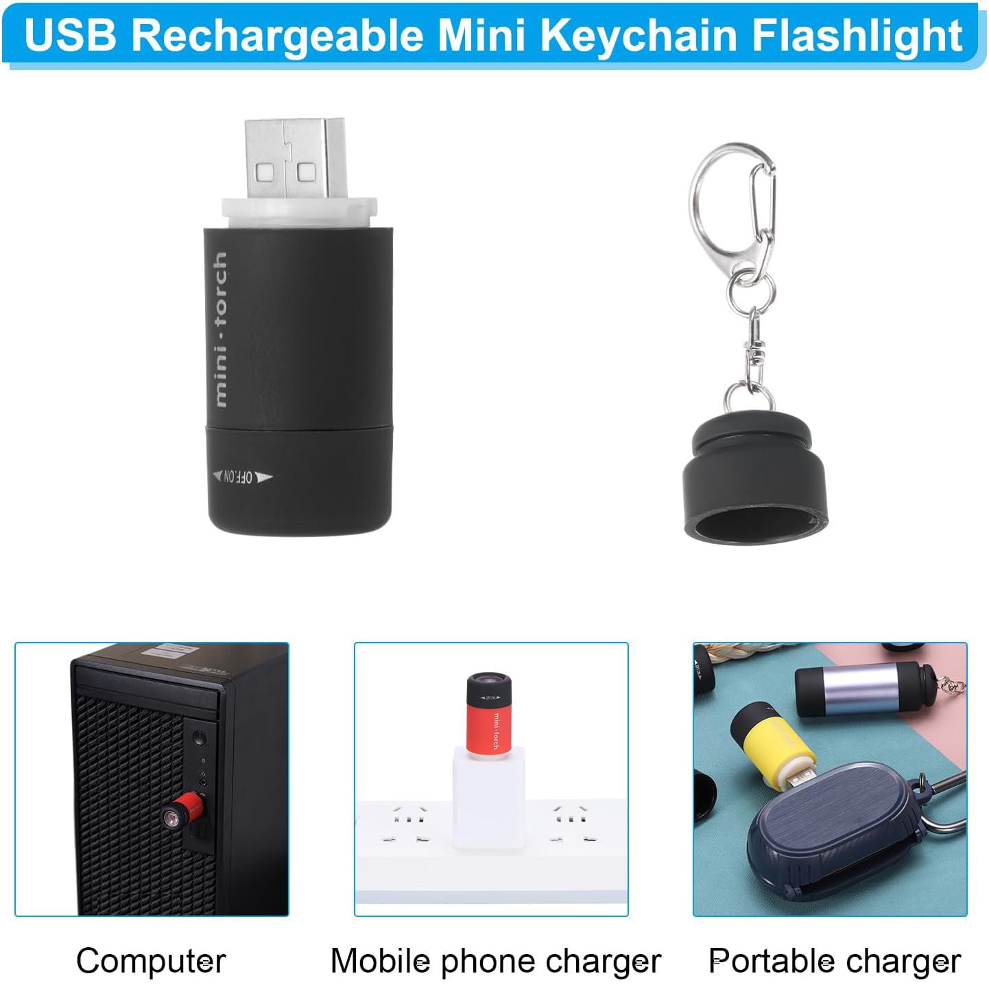 Mini Keychain Flashlight, Pocket LED Flashlight Portable Torch USB Rechargeable for Outdoor Camping Party, Black