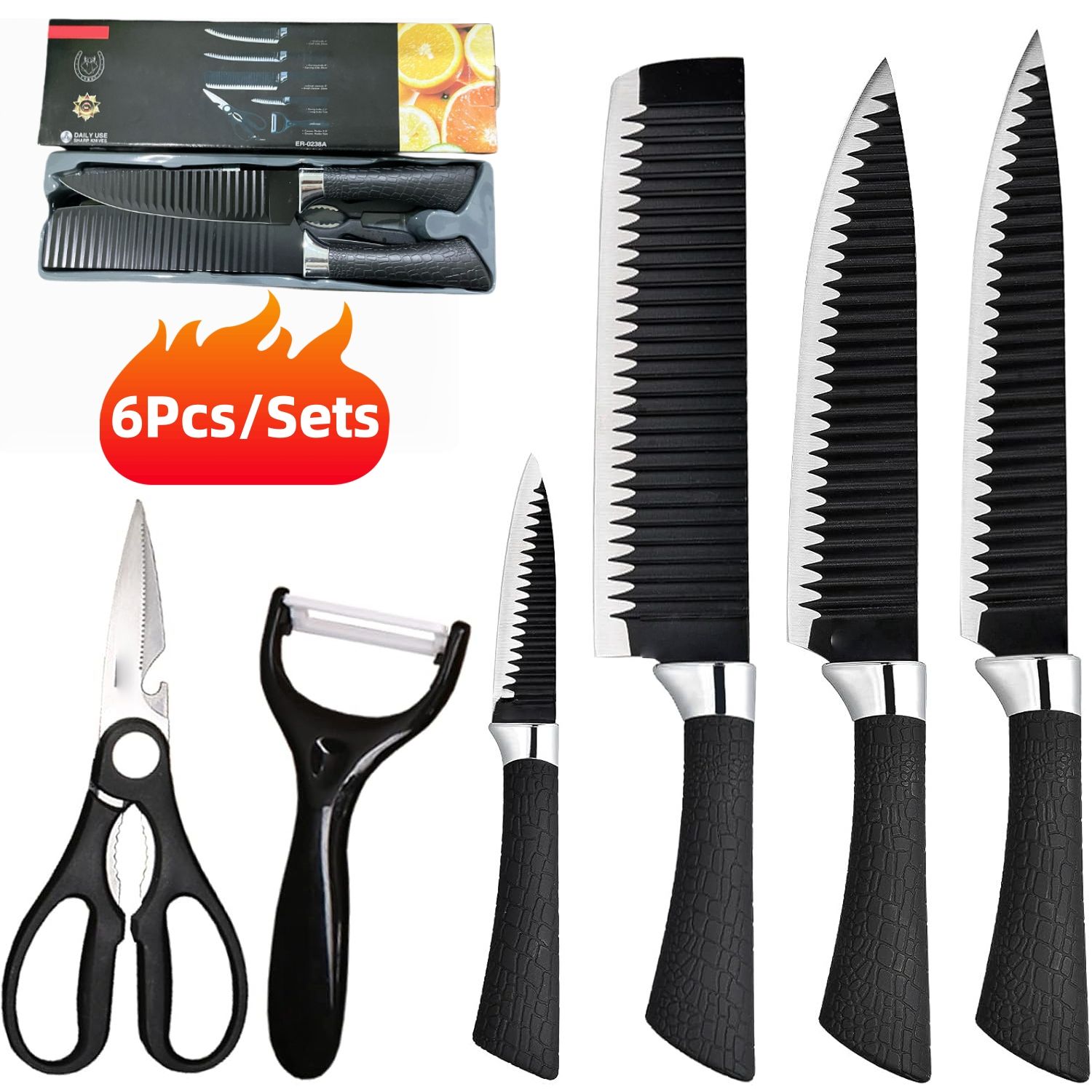 6 Pieces Chef Knife Set for Kitchen, Sharp Stainless Steel Non-Stick Kitchen Knife Sets , Pretty Gift Kitchen Cutting Cultery Set with Scissors and Peeler
