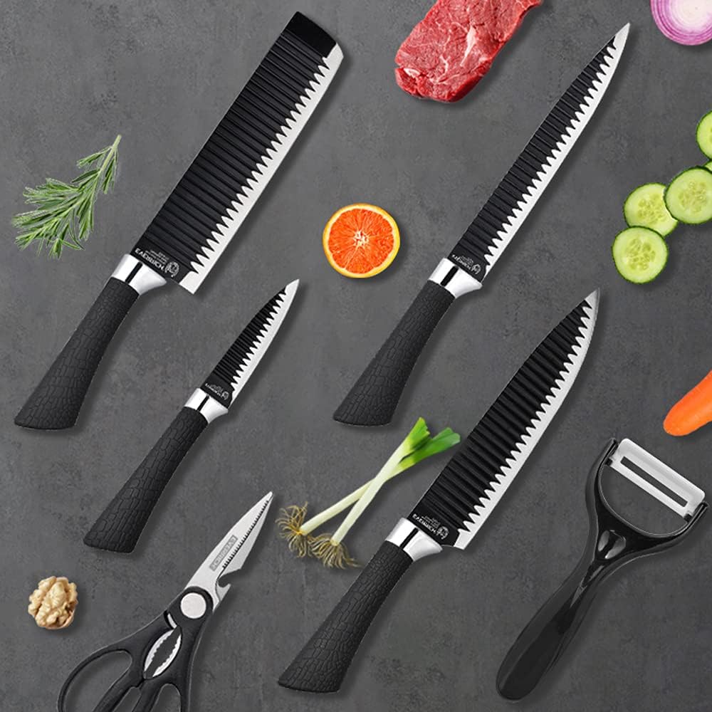6 Pieces Chef Knife Set for Kitchen, Sharp Stainless Steel Non-Stick Kitchen Knife Sets , Pretty Gift Kitchen Cutting Cultery Set with Scissors and Peeler