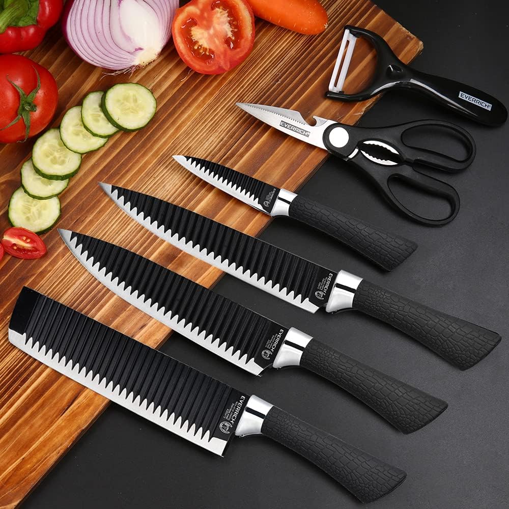 6 Pieces Chef Knife Set for Kitchen, Sharp Stainless Steel Non-Stick Kitchen Knife Sets , Pretty Gift Kitchen Cutting Cultery Set with Scissors and Peeler
