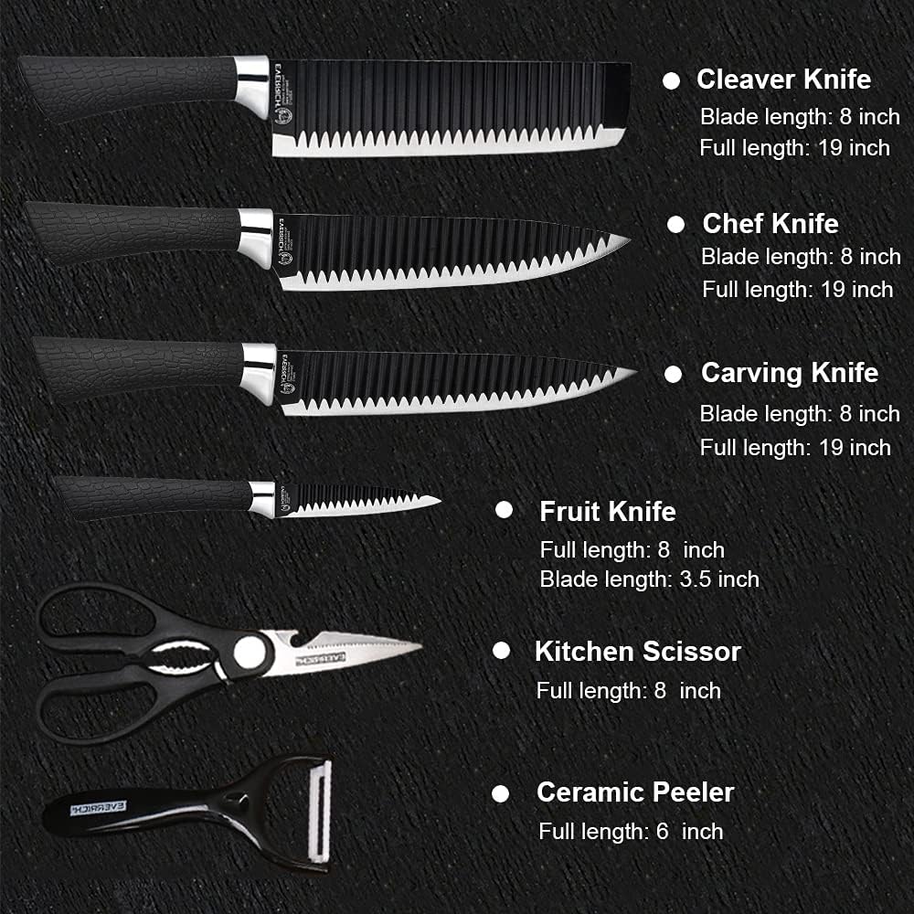 6 Pieces Chef Knife Set for Kitchen, Sharp Stainless Steel Non-Stick Kitchen Knife Sets , Pretty Gift Kitchen Cutting Cultery Set with Scissors and Peeler