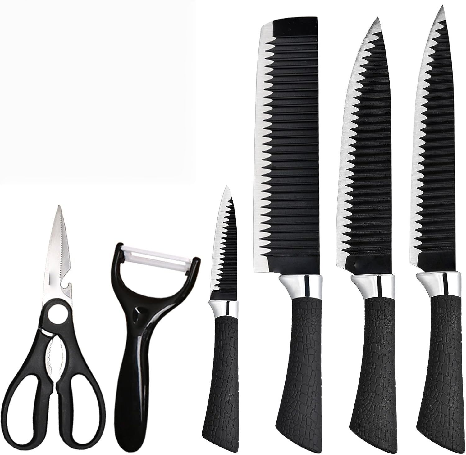 6 Pieces Chef Knife Set for Kitchen, Sharp Stainless Steel Non-Stick Kitchen Knife Sets , Pretty Gift Kitchen Cutting Cultery Set with Scissors and Peeler
