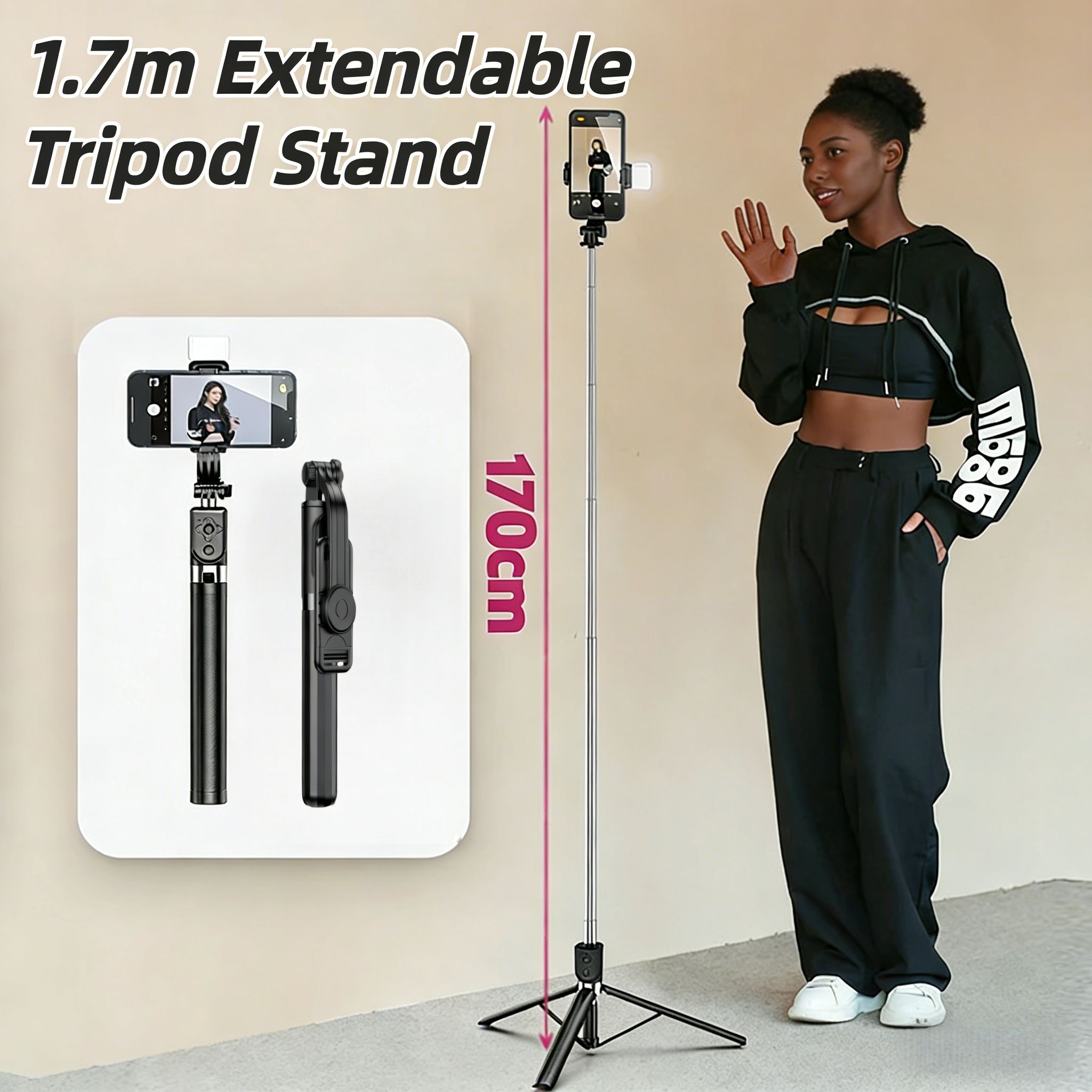 170cm Selfie Stick Tripod with 1 Fill Lights, 360° Rotatable Phone Tripod with Remote Control, Portable Extendable Selfie Tripod for Live/Video Travel for iPhone 16/15/14/13/12/11 Pro Max