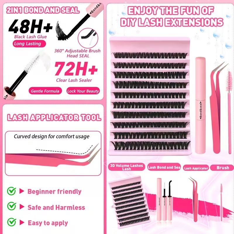 200pcs 30D 40D DIY Eyelash Extension Kit with Lash Glue and Tweezer- Mixed Lengths 8-16mm, Waterproof Faux Mink Lashes for All Eye Shapes, Soft & Comfortable, DIY 3D Effect for Daily Wear & Parties
