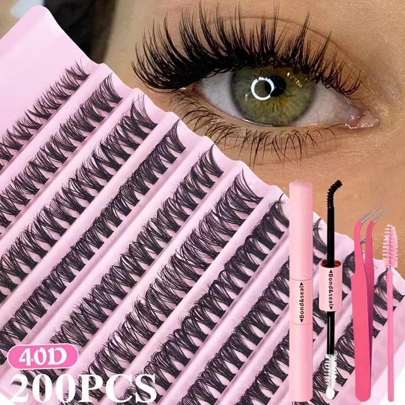 200pcs 30D 40D DIY Eyelash Extension Kit with Lash Glue and Tweezer- Mixed Lengths 8-16mm, Waterproof Faux Mink Lashes for All Eye Shapes, Soft & Comfortable, DIY 3D Effect for Daily Wear & Parties