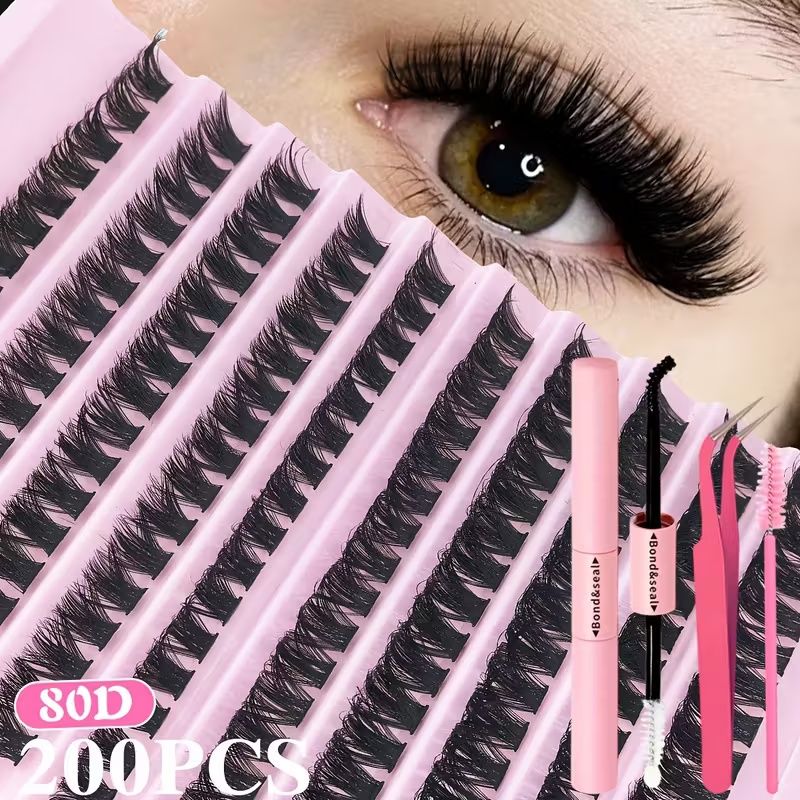 200pcs 30D 40D DIY Eyelash Extension Kit with Lash Glue and Tweezer- Mixed Lengths 8-16mm, Waterproof Faux Mink Lashes for All Eye Shapes, Soft & Comfortable, DIY 3D Effect for Daily Wear & Parties