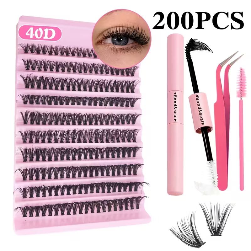 200pcs 30D 40D DIY Eyelash Extension Kit with Lash Glue and Tweezer- Mixed Lengths 8-16mm, Waterproof Faux Mink Lashes for All Eye Shapes, Soft & Comfortable, DIY 3D Effect for Daily Wear & Parties