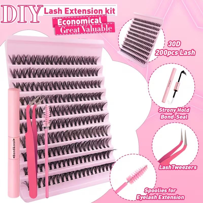 200pcs 30D 40D DIY Eyelash Extension Kit with Lash Glue and Tweezer- Mixed Lengths 8-16mm, Waterproof Faux Mink Lashes for All Eye Shapes, Soft & Comfortable, DIY 3D Effect for Daily Wear & Parties