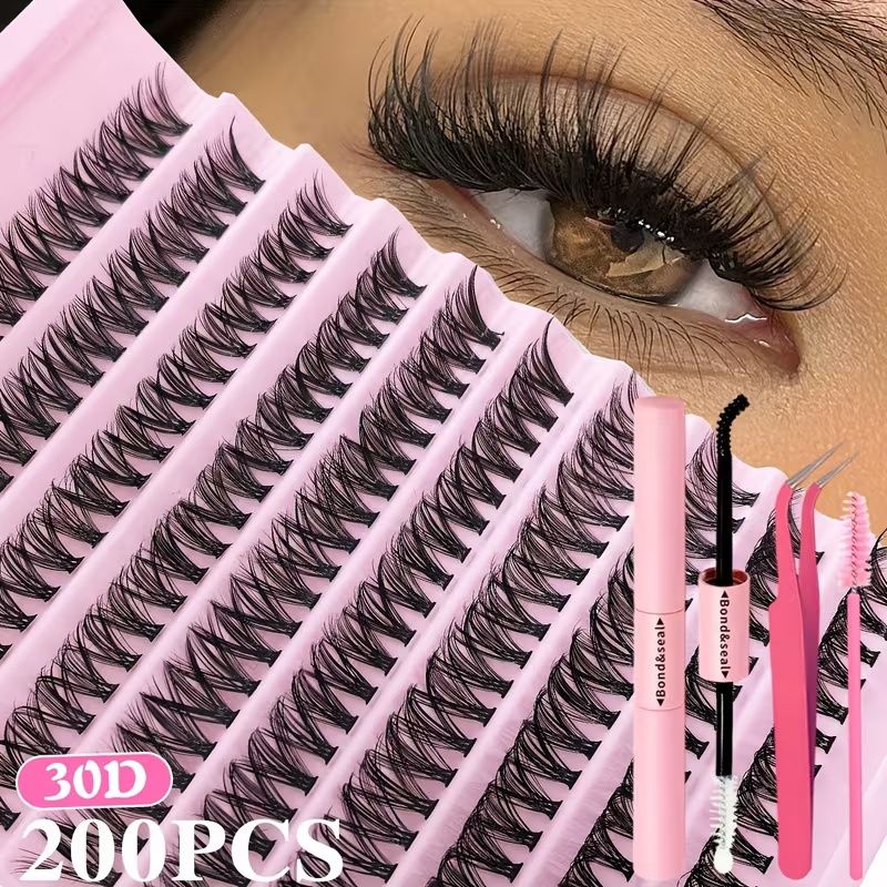 200pcs 30D 40D DIY Eyelash Extension Kit with Lash Glue and Tweezer- Mixed Lengths 8-16mm, Waterproof Faux Mink Lashes for All Eye Shapes, Soft & Comfortable, DIY 3D Effect for Daily Wear & Parties