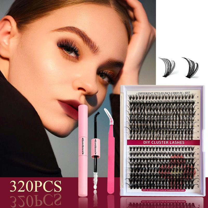 320 Pcs 30D 40D Natural Lash Clusters Kit with Lash Glue and Tweezer , Fairy Wispy Manga Eyelash Clusters, Airy Cute Style, 9–16mm Individual Cluster Eyelash Extensions Kit, DIY CC Curl Lash Extension