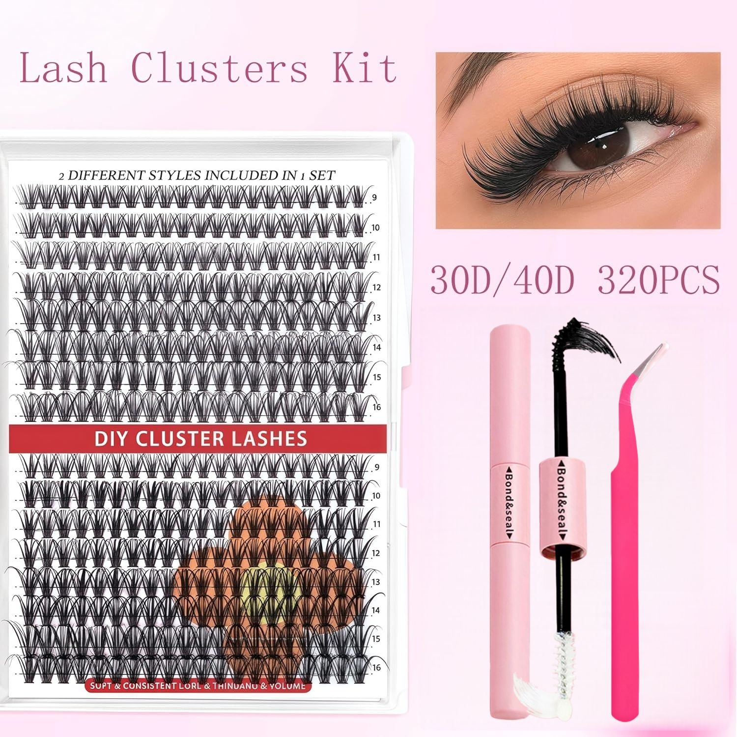 320 Pcs 30D 40D Natural Lash Clusters Kit with Lash Glue and Tweezer , Fairy Wispy Manga Eyelash Clusters, Airy Cute Style, 9–16mm Individual Cluster Eyelash Extensions Kit, DIY CC Curl Lash Extension