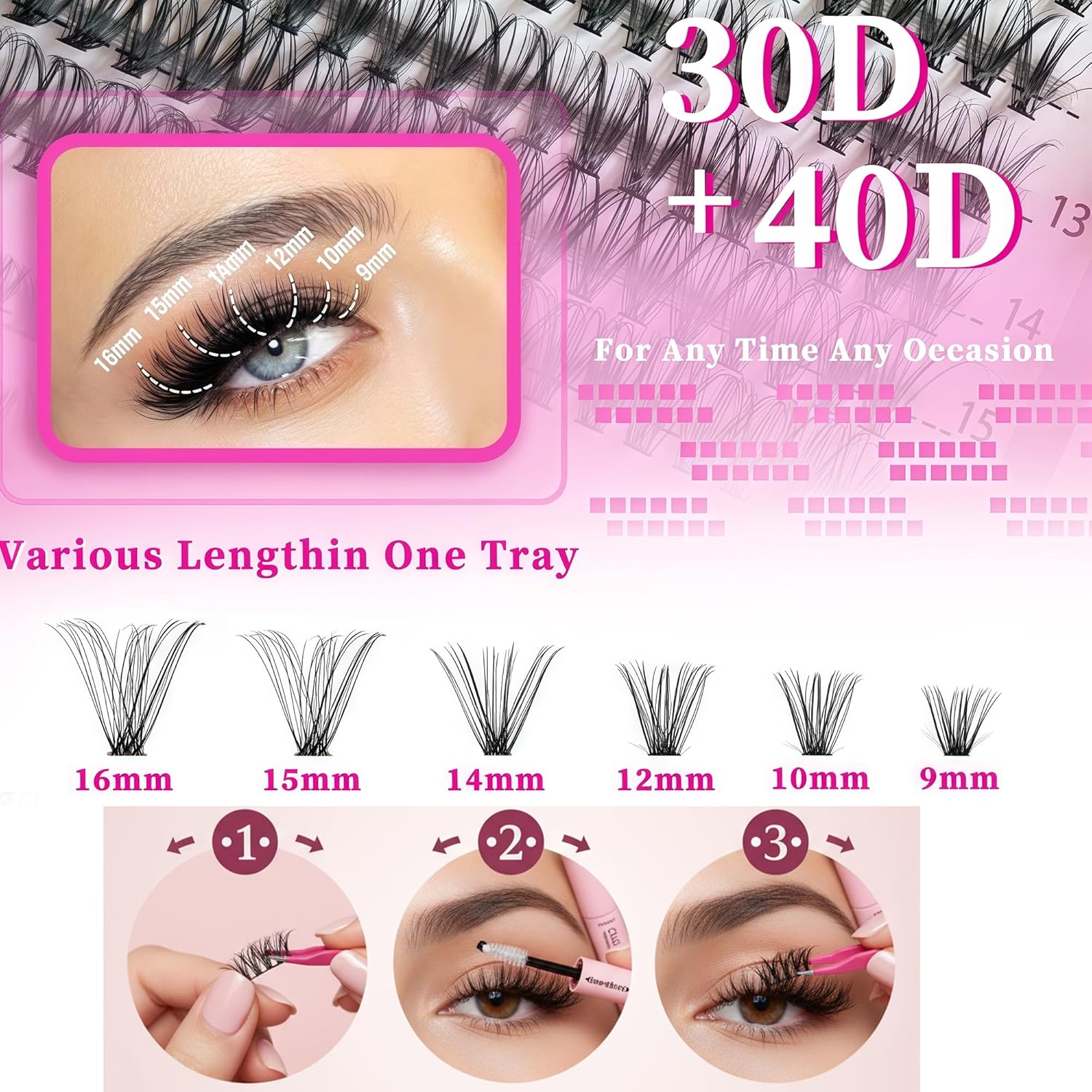 320 Pcs 30D 40D Natural Lash Clusters Kit with Lash Glue and Tweezer , Fairy Wispy Manga Eyelash Clusters, Airy Cute Style, 9–16mm Individual Cluster Eyelash Extensions Kit, DIY CC Curl Lash Extension