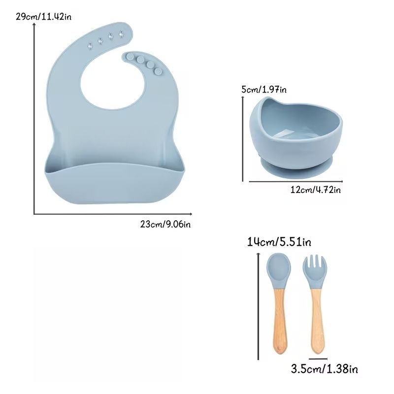 5pcs Silicone Baby Feeding Set, Baby Led Weaning Supplies with Suction Bowl Divided Plate, Toddler Self Feeding Dish Set with Spoons Forks Adjustable Bib, Baby Eating Utensils Baby Bowl