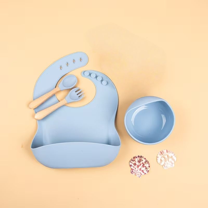 5pcs Silicone Baby Feeding Set, Baby Led Weaning Supplies with Suction Bowl Divided Plate, Toddler Self Feeding Dish Set with Spoons Forks Adjustable Bib, Baby Eating Utensils Baby Bowl