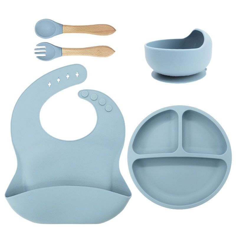 5pcs Silicone Baby Feeding Set, Baby Led Weaning Supplies with Suction Bowl Divided Plate, Toddler Self Feeding Dish Set with Spoons Forks Adjustable Bib, Baby Eating Utensils Baby Bowl