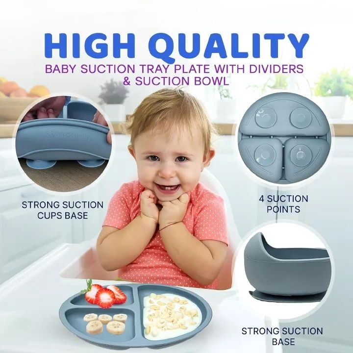 5pcs Silicone Baby Feeding Set, Baby Led Weaning Supplies with Suction Bowl Divided Plate, Toddler Self Feeding Dish Set with Spoons Forks Adjustable Bib, Baby Eating Utensils Baby Bowl