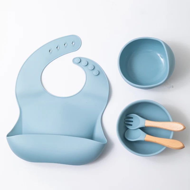 5pcs Silicone Baby Feeding Set, Baby Led Weaning Supplies with Suction Bowl Divided Plate, Toddler Self Feeding Dish Set with Spoons Forks Adjustable Bib, Baby Eating Utensils Baby Bowl