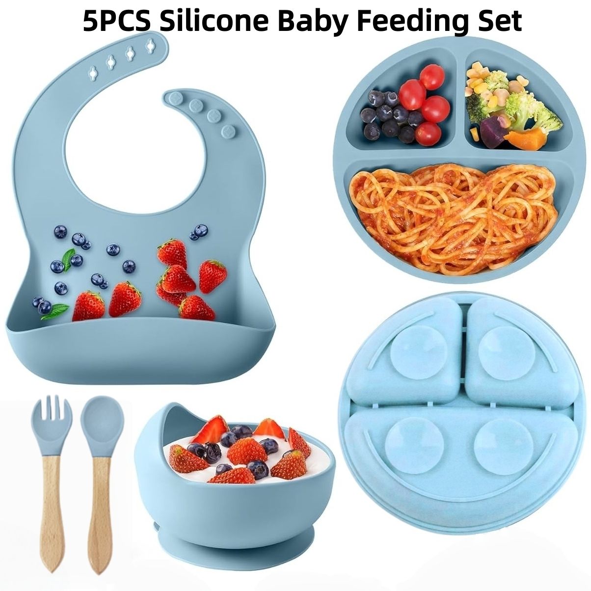 5pcs Silicone Baby Feeding Set, Baby Led Weaning Supplies with Suction Bowl Divided Plate, Toddler Self Feeding Dish Set with Spoons Forks Adjustable Bib, Baby Eating Utensils Baby Bowl