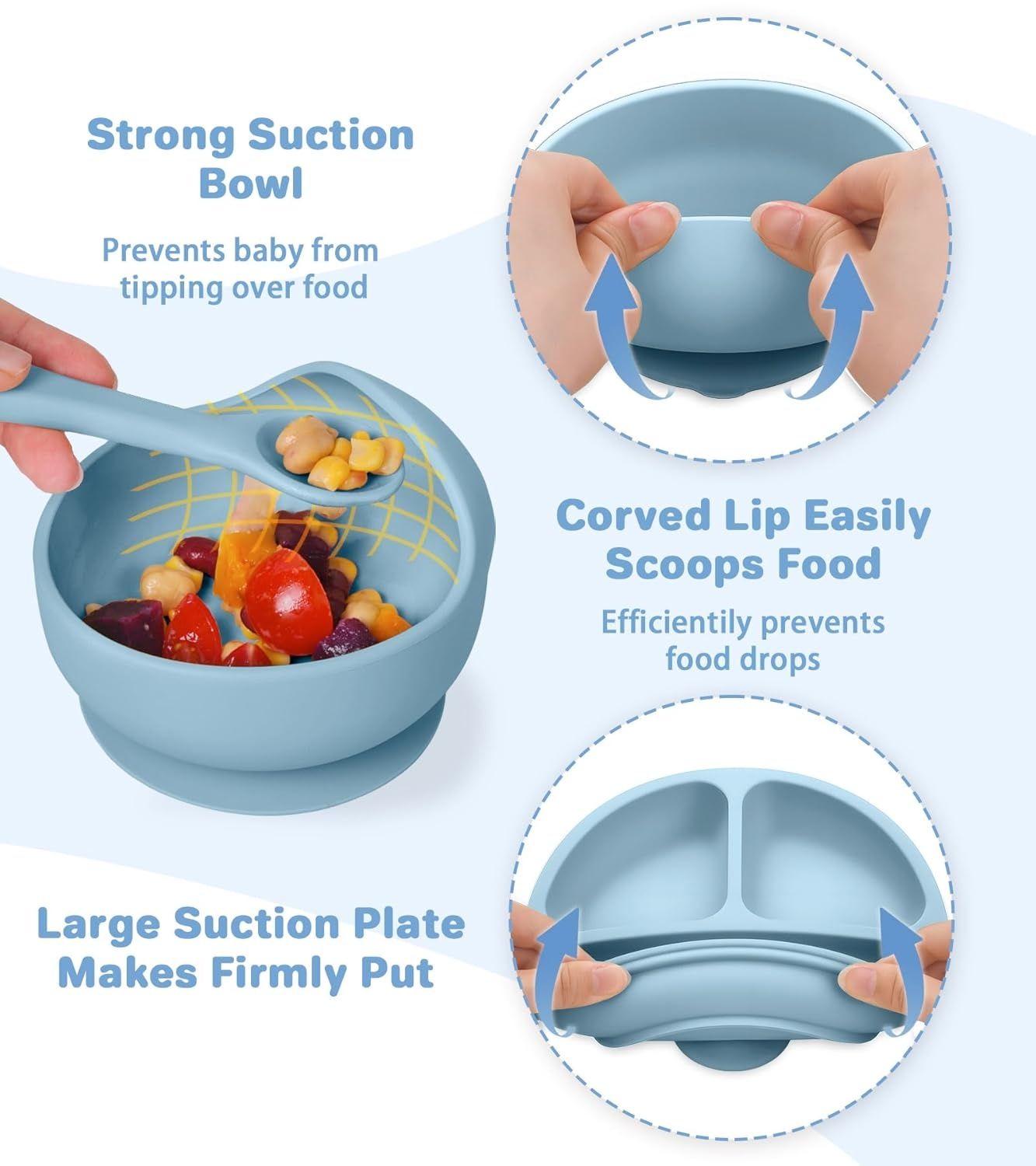 5pcs Silicone Baby Feeding Set, Baby Led Weaning Supplies with Suction Bowl Divided Plate, Toddler Self Feeding Dish Set with Spoons Forks Adjustable Bib, Baby Eating Utensils Baby Bowl