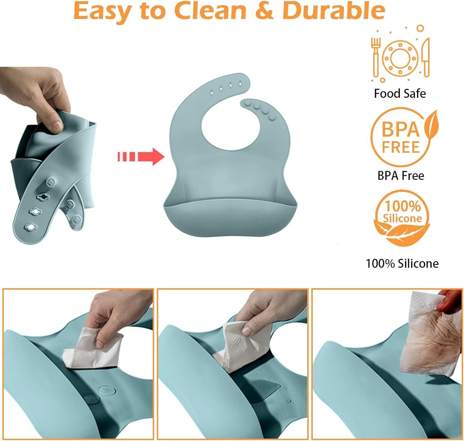 5pcs Silicone Baby Feeding Set, Baby Led Weaning Supplies with Suction Bowl Divided Plate, Toddler Self Feeding Dish Set with Spoons Forks Adjustable Bib, Baby Eating Utensils Baby Bowl
