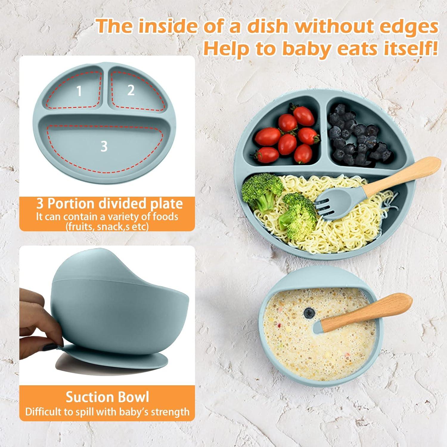 5pcs Silicone Baby Feeding Set, Baby Led Weaning Supplies with Suction Bowl Divided Plate, Toddler Self Feeding Dish Set with Spoons Forks Adjustable Bib, Baby Eating Utensils Baby Bowl