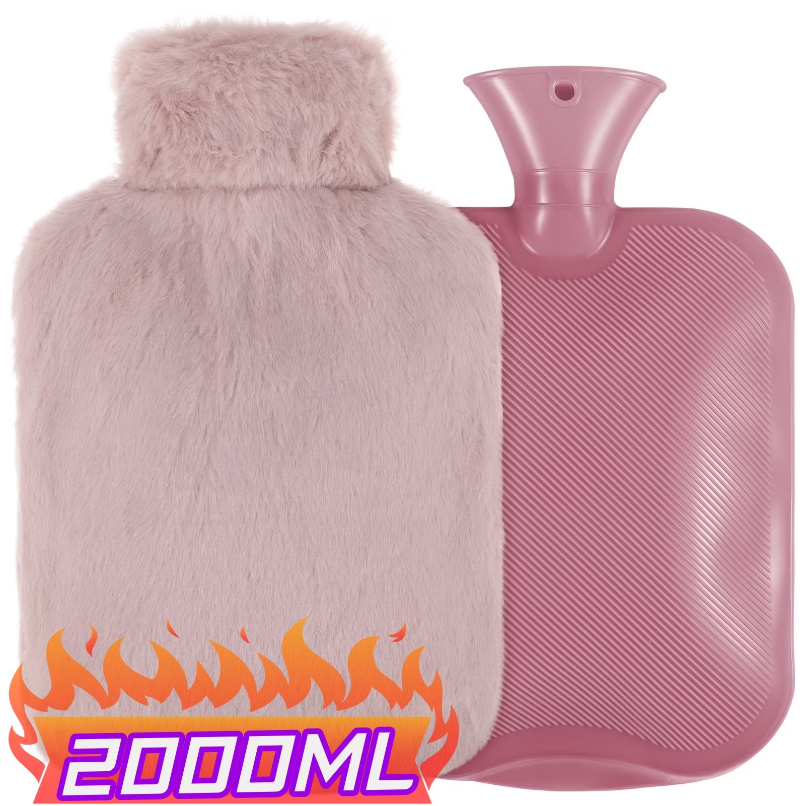 2000ML Hot Water Bottle with Soft Fleece Cover, PVC Hot Water Bag for Pain Relief, Large Capacity, Odorless, BPA Free, Suit Neck Shoulder Pain, Feet Warmer, Menstrual Cramps(Pink)