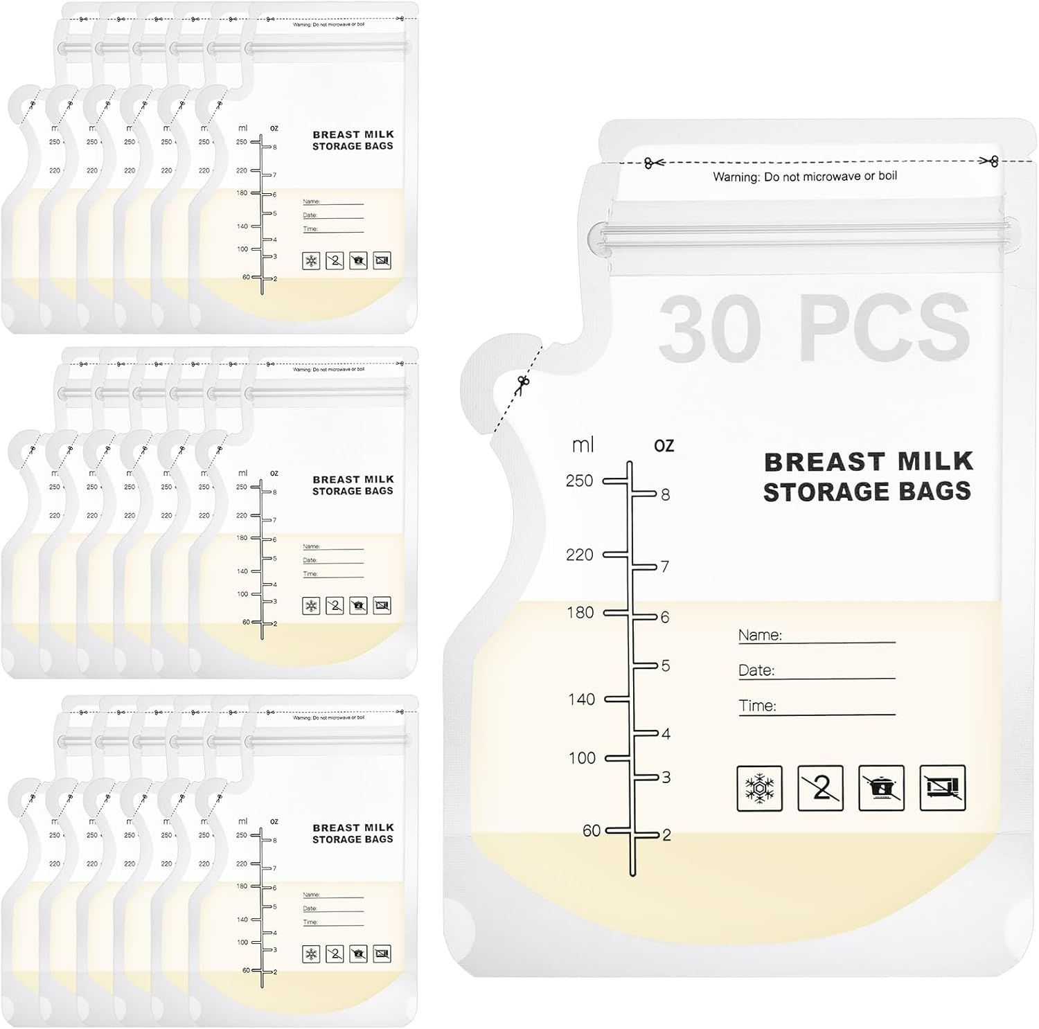 30 Pcs 250ML Breast Milk Storage Bag, Easy Pour Pouch, Breastfeeding Essentials Fresh-Keeping Bag with Scale, Double Zipper Sealing Space Saving for Fridge or Freezer Use