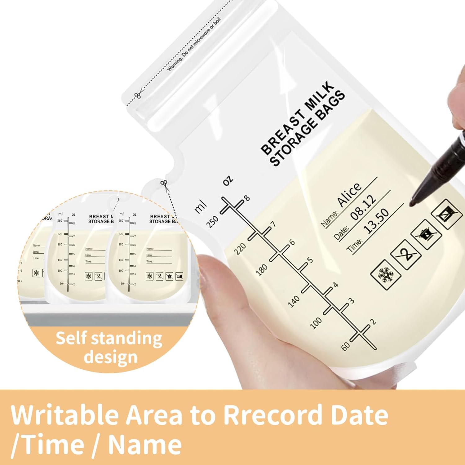 30 Pcs 250ML Breast Milk Storage Bag, Easy Pour Pouch, Breastfeeding Essentials Fresh-Keeping Bag with Scale, Double Zipper Sealing Space Saving for Fridge or Freezer Use