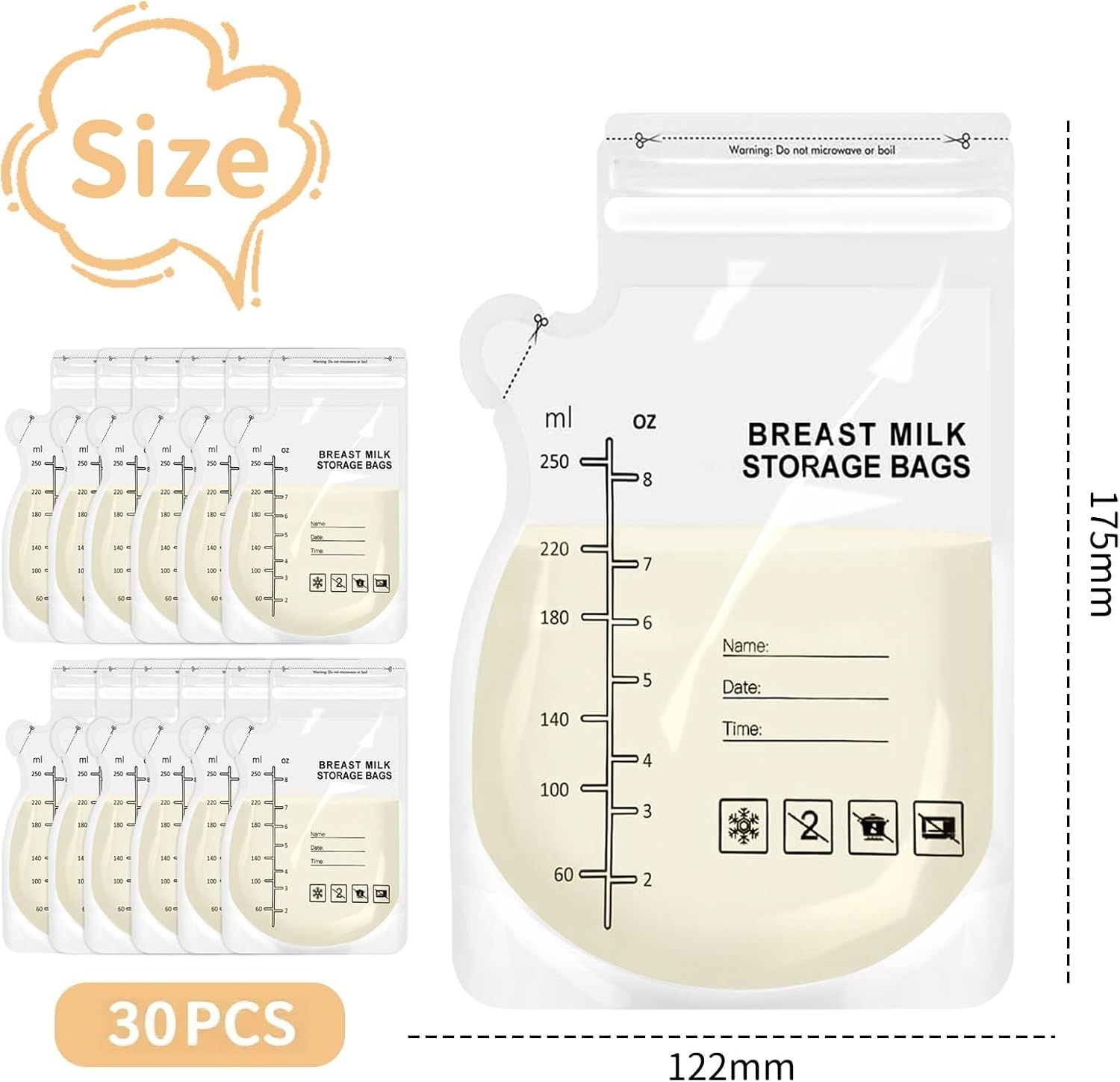 30 Pcs 250ML Breast Milk Storage Bag, Easy Pour Pouch, Breastfeeding Essentials Fresh-Keeping Bag with Scale, Double Zipper Sealing Space Saving for Fridge or Freezer Use