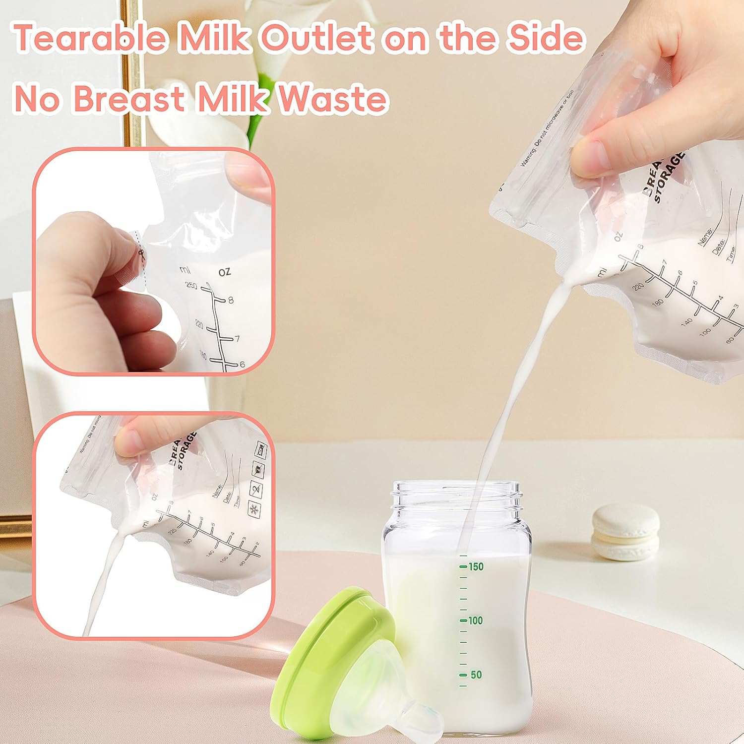 30 Pcs 250ML Breast Milk Storage Bag, Easy Pour Pouch, Breastfeeding Essentials Fresh-Keeping Bag with Scale, Double Zipper Sealing Space Saving for Fridge or Freezer Use