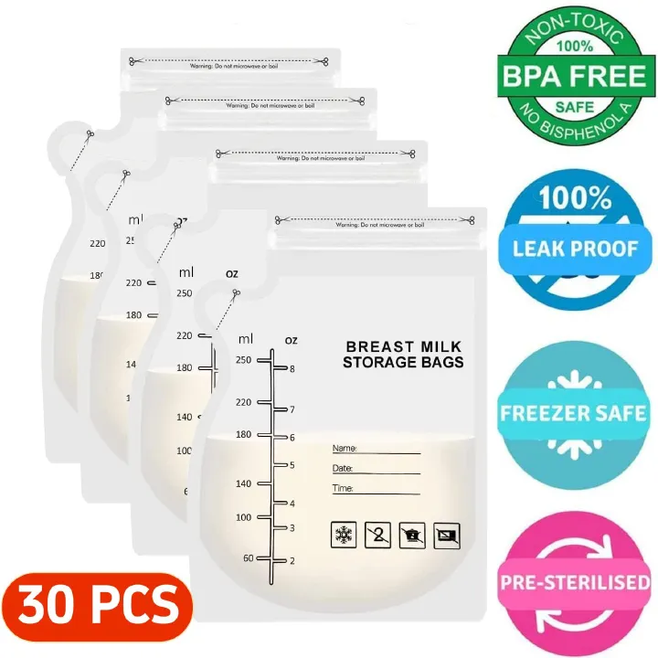 30 Pcs 250ML Breast Milk Storage Bag, Easy Pour Pouch, Breastfeeding Essentials Fresh-Keeping Bag with Scale, Double Zipper Sealing Space Saving for Fridge or Freezer Use