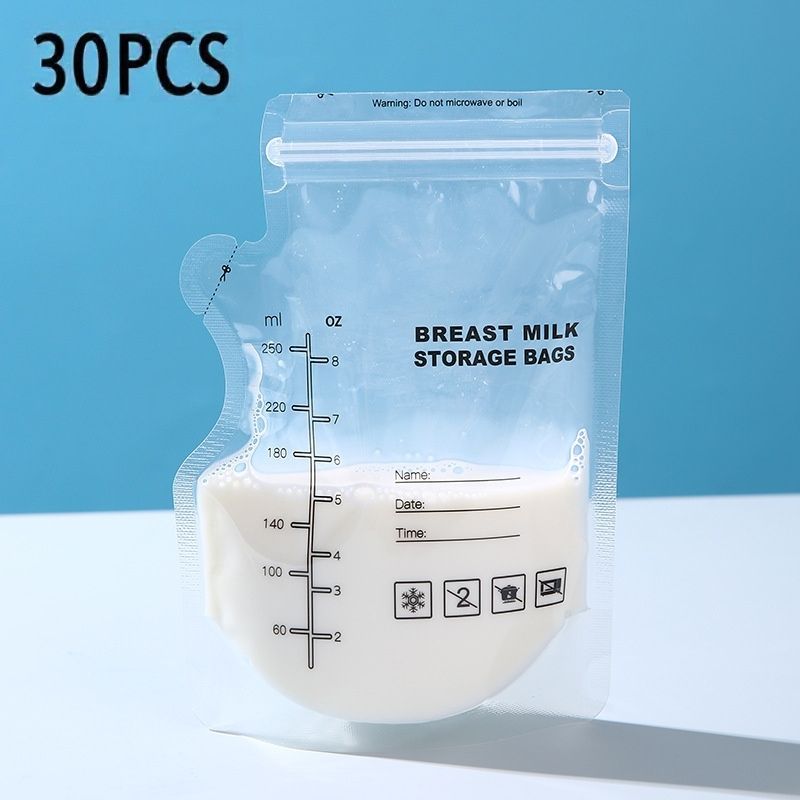 30 Pcs 250ML Breast Milk Storage Bag, Easy Pour Pouch, Breastfeeding Essentials Fresh-Keeping Bag with Scale, Double Zipper Sealing Space Saving for Fridge or Freezer Use