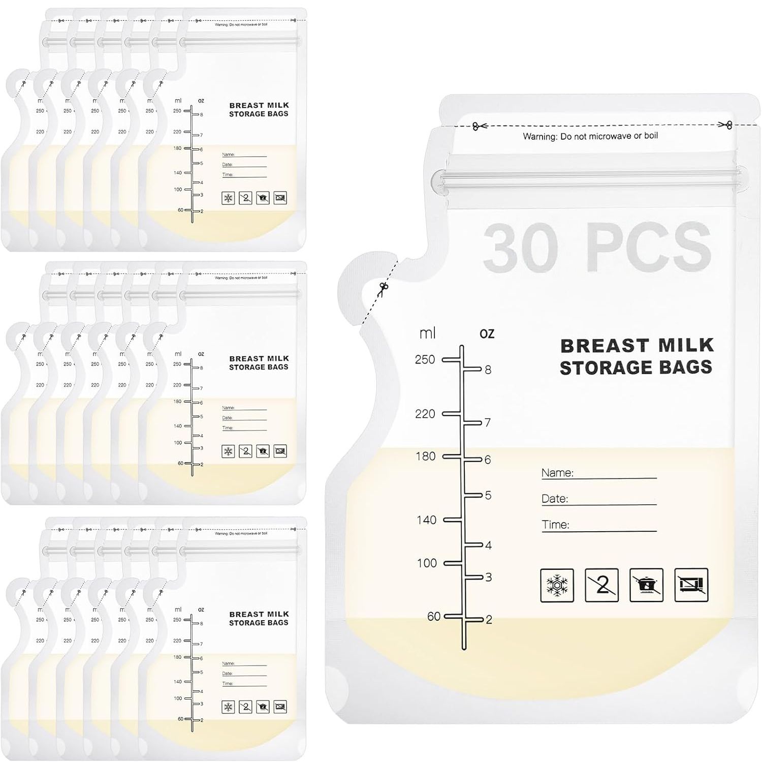 30 Pcs 250ML Breast Milk Storage Bag, Easy Pour Pouch, Breastfeeding Essentials Fresh-Keeping Bag with Scale, Double Zipper Sealing Space Saving for Fridge or Freezer Use