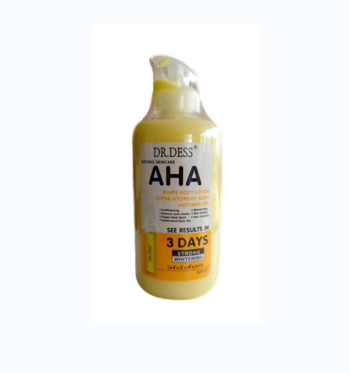 DR. DESS AHA BODY LOTION NATURAL SKINCARE WITH ALPHA-HYDROXY ACIDS(AHAS)+VITAMIN C&E WHITENING CREAM MOISTRURIZING CLEARS DARK SPORT REMOVES ACNE MARKS MAKES SKIN SOFT,BRIGHT,WHITENING & SMOOTH