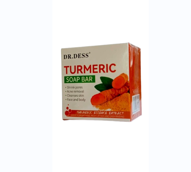 100G DR DESS TURMERIC BAR SOAP SHRINKS PORES, ACNE REMOVAL, CLEANSES SKIN, SKIN MOISTURIZING DEEP CLEANSING FACE AND BODY SOAP TURMERIC ESSENCE EXTRACT BATHING DR. DESS TURMERIC SOAP.