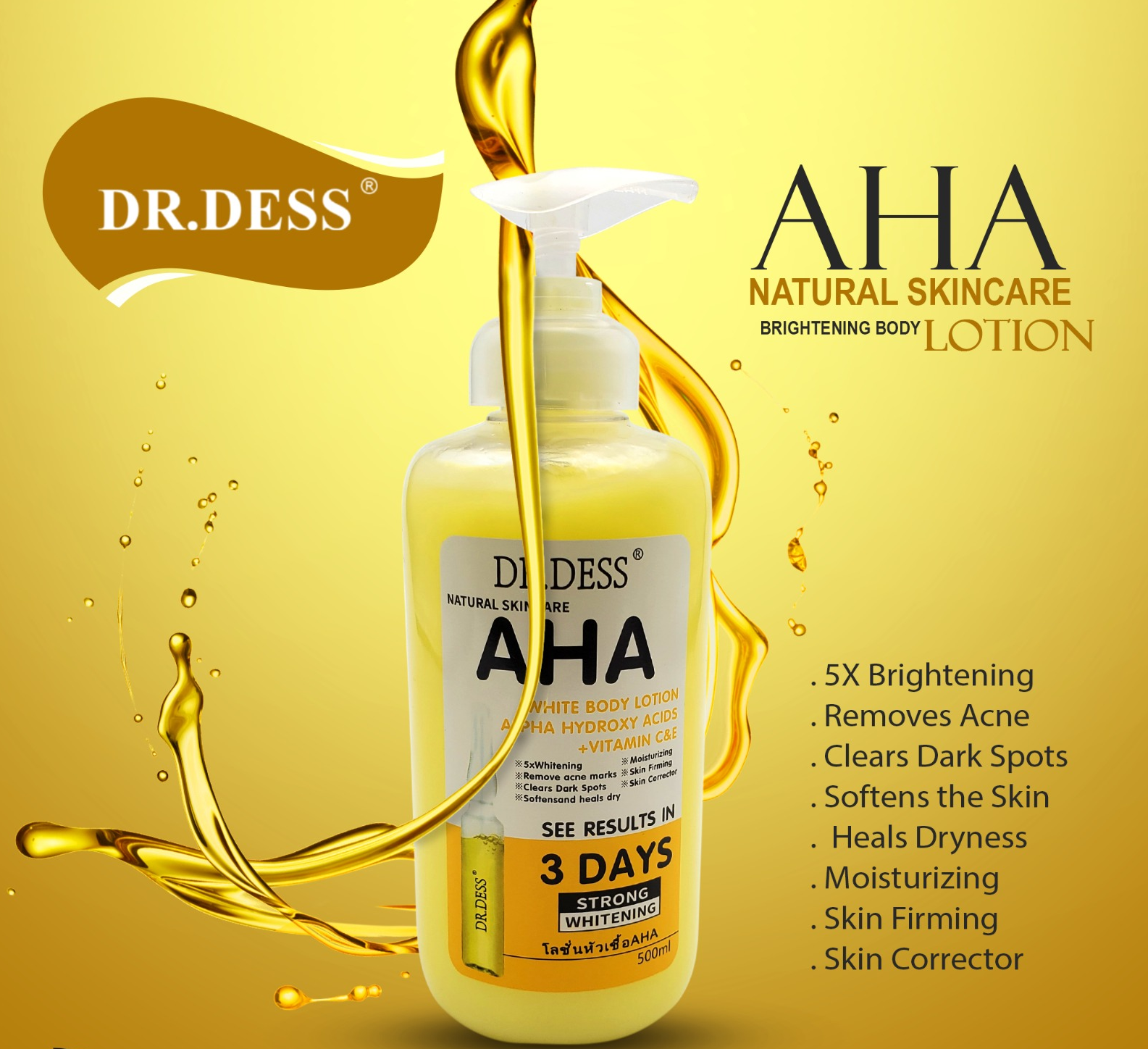 DR. DESS AHA BODY LOTION NATURAL SKINCARE WITH ALPHA-HYDROXY ACIDS(AHAS)+VITAMIN C&E WHITENING CREAM MOISTRURIZING CLEARS DARK SPORT REMOVES ACNE MARKS MAKES SKIN SOFT,BRIGHT,WHITENING & SMOOTH