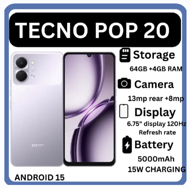 [NEW ARRIVAL] TECNO POP 20 64 GB ROM+4GB RAM CAMERA 13MP REAR+8MP SCREEN 6.75’’ BATTERY 5000MAH 15W CHARGING ANDROID 15 SMART PHONES 1 YEAR WARRANTY ON OFFER BRAND NEW SMART PHONES 64GB
