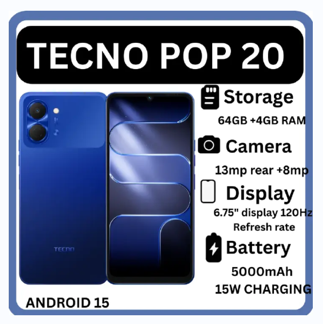 [NEW ARRIVAL] TECNO POP 20 64 GB ROM+4GB RAM CAMERA 13MP REAR+8MP SCREEN 6.75’’ BATTERY 5000MAH 15W CHARGING ANDROID 15 SMART PHONES 1 YEAR WARRANTY ON OFFER BRAND NEW SMART PHONES 64GB