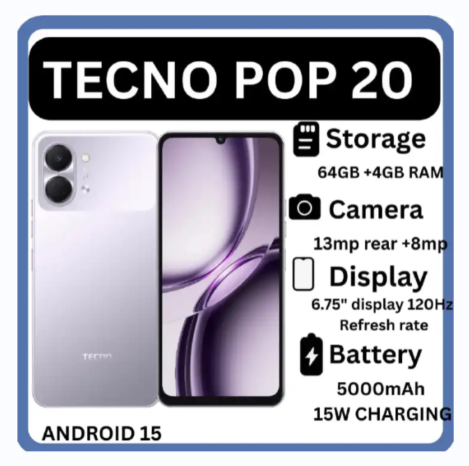 [NEW ARRIVAL] TECNO POP 20 64 GB ROM+4GB RAM CAMERA 13MP REAR+8MP SCREEN 6.75’’ BATTERY 5000MAH 15W CHARGING ANDROID 15 SMART PHONES 1 YEAR WARRANTY ON OFFER BRAND NEW SMART PHONES 64GB