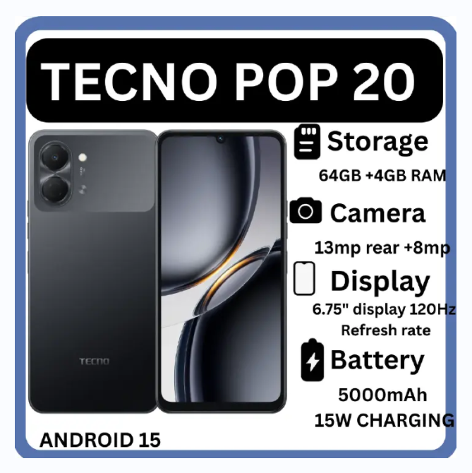 [NEW ARRIVAL] TECNO POP 20 64 GB ROM+4GB RAM CAMERA 13MP REAR+8MP SCREEN 6.75’’ BATTERY 5000MAH 15W CHARGING ANDROID 15 SMART PHONES 1 YEAR WARRANTY ON OFFER BRAND NEW SMART PHONES 64GB