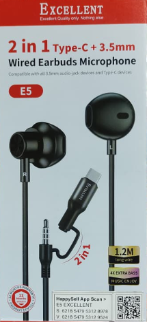 EXCELLENT E5 2 IN 1 TYPE-C + 3.5MM WIRED EARBUDS MICROPHONE WIRED/CABLE EARPHONES EXTRA BASS EARPHONES 1.2M CABLE
