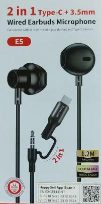 EXCELLENT E5 2 IN 1 TYPE-C + 3.5MM WIRED EARBUDS MICROPHONE WIRED/CABLE EARPHONES EXTRA BASS EARPHONES 1.2M CABLE