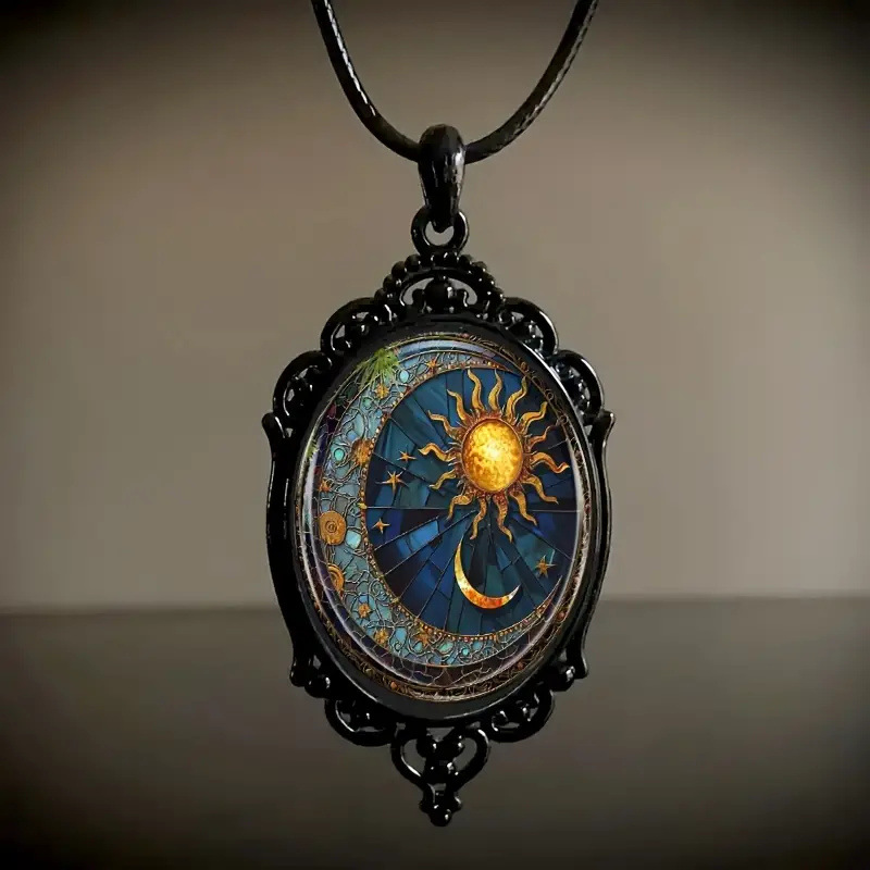 Charming Oval Glass Pendant Necklace - Sun And Moon Jewelry In A Charming Black Frame