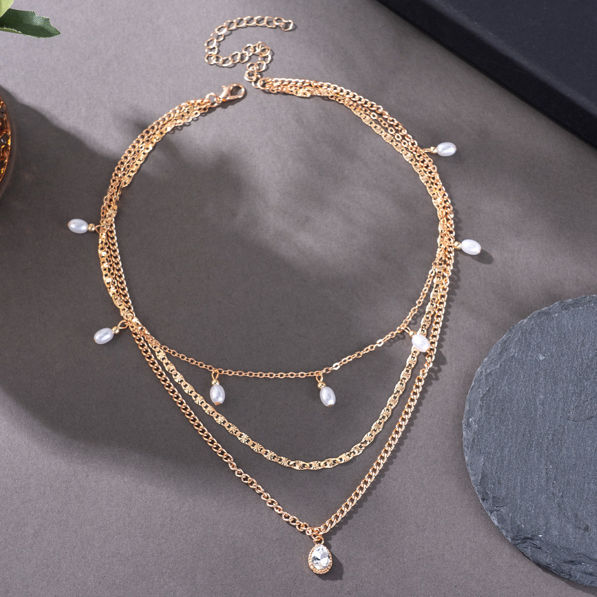 European And American Jewelry Fashion Popular Multi-Layer Imitation Pearl Water Drop Pendant Necklace Female Personality Stacked Wind Collarbone Chain