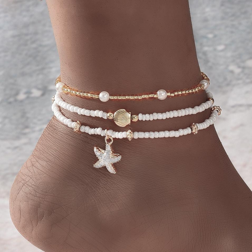 [Three-Piece Set] Starfish Pendant Anklet Set 3-Piece Seaside Vacation Beach Shell Rice Bead Anklet