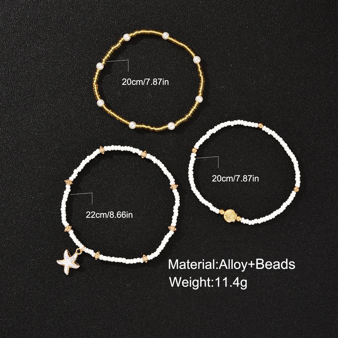 [Three-Piece Set] Starfish Pendant Anklet Set 3-Piece Seaside Vacation Beach Shell Rice Bead Anklet