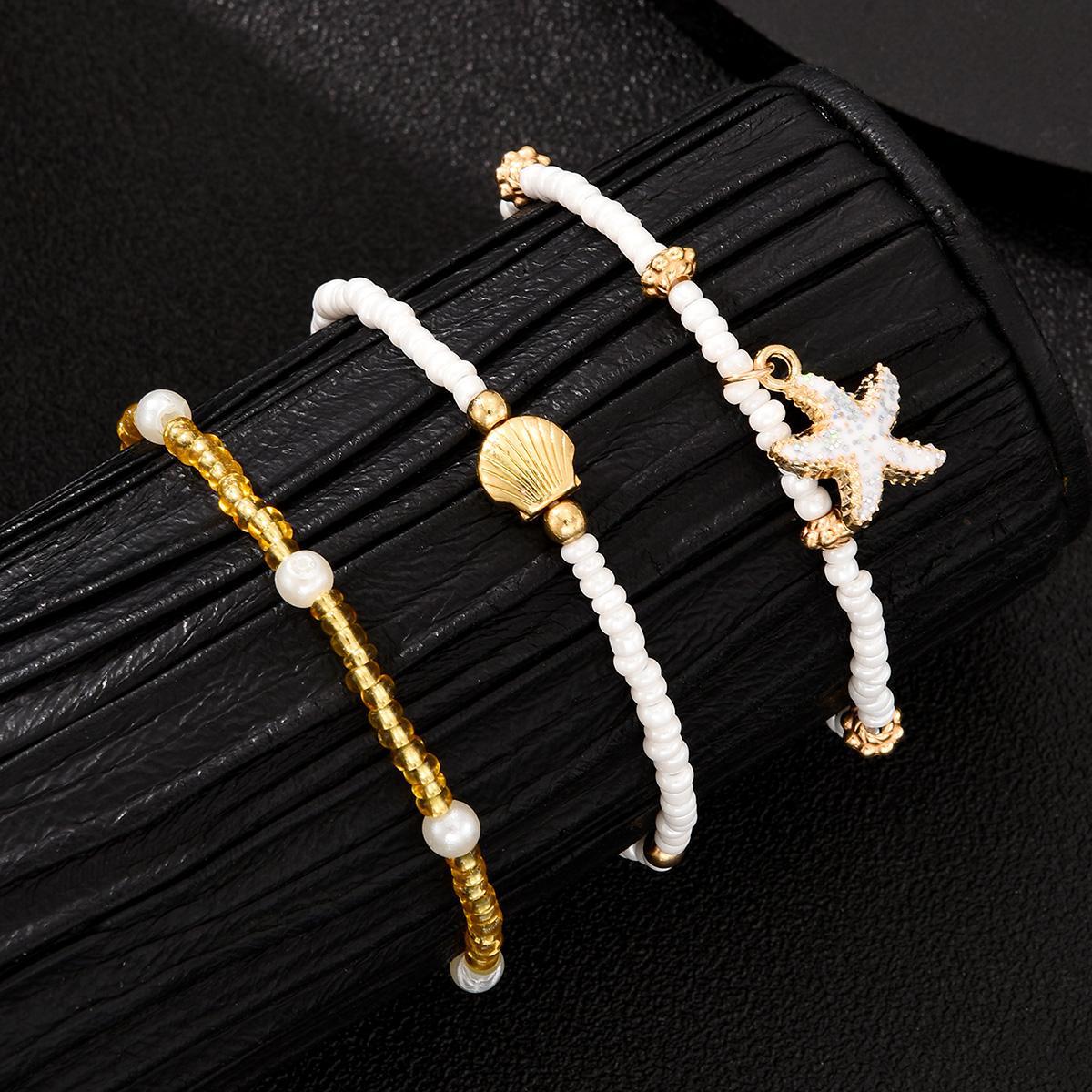 [Three-Piece Set] Starfish Pendant Anklet Set 3-Piece Seaside Vacation Beach Shell Rice Bead Anklet