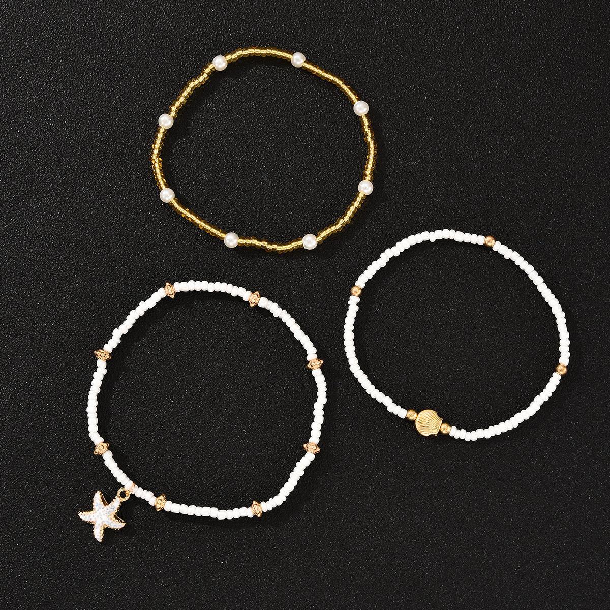 [Three-Piece Set] Starfish Pendant Anklet Set 3-Piece Seaside Vacation Beach Shell Rice Bead Anklet