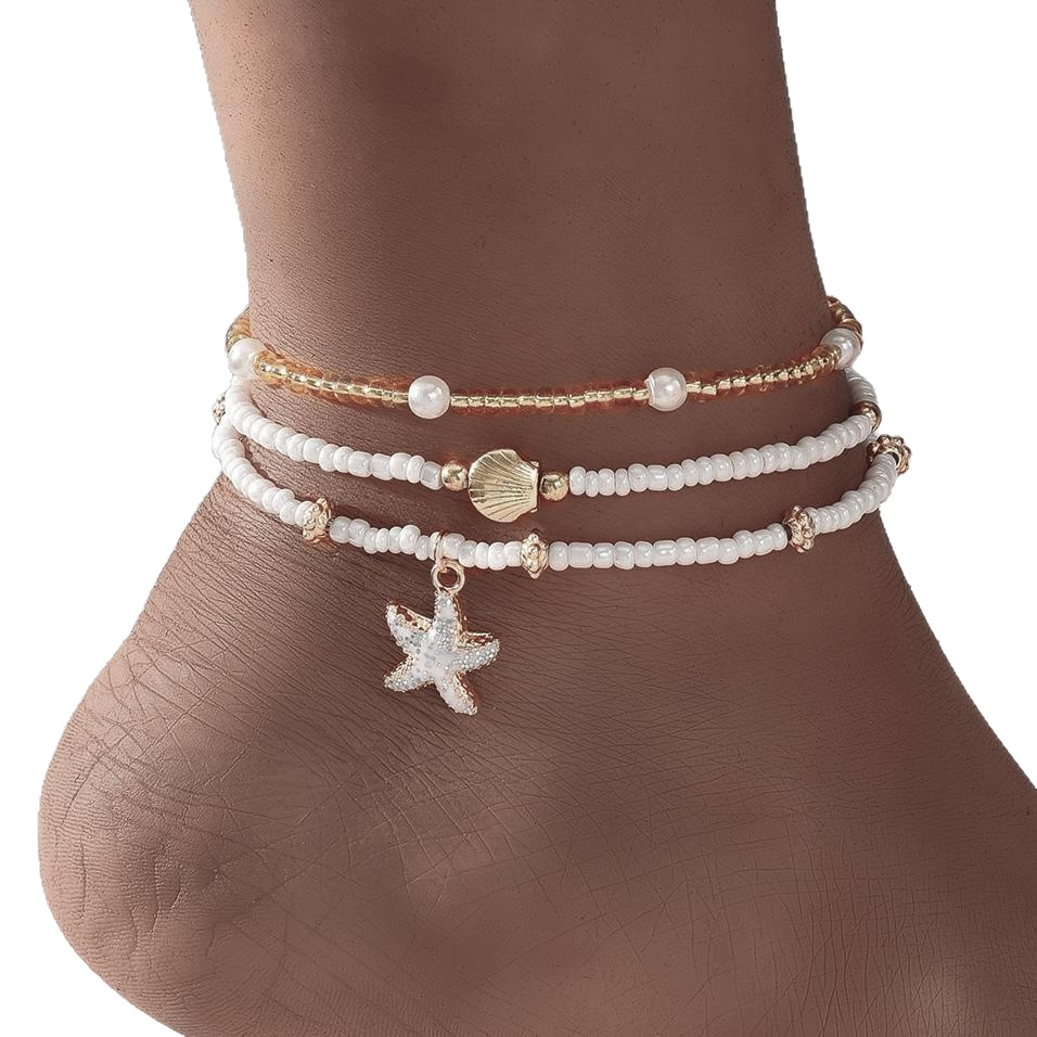 [Three-Piece Set] Starfish Pendant Anklet Set 3-Piece Seaside Vacation Beach Shell Rice Bead Anklet
