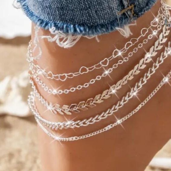 [5-Piece Set] Simple Beach Love Aircraft Chain Anklet Fashion Creative Peach Heart Anklet Set 5-Piece Set